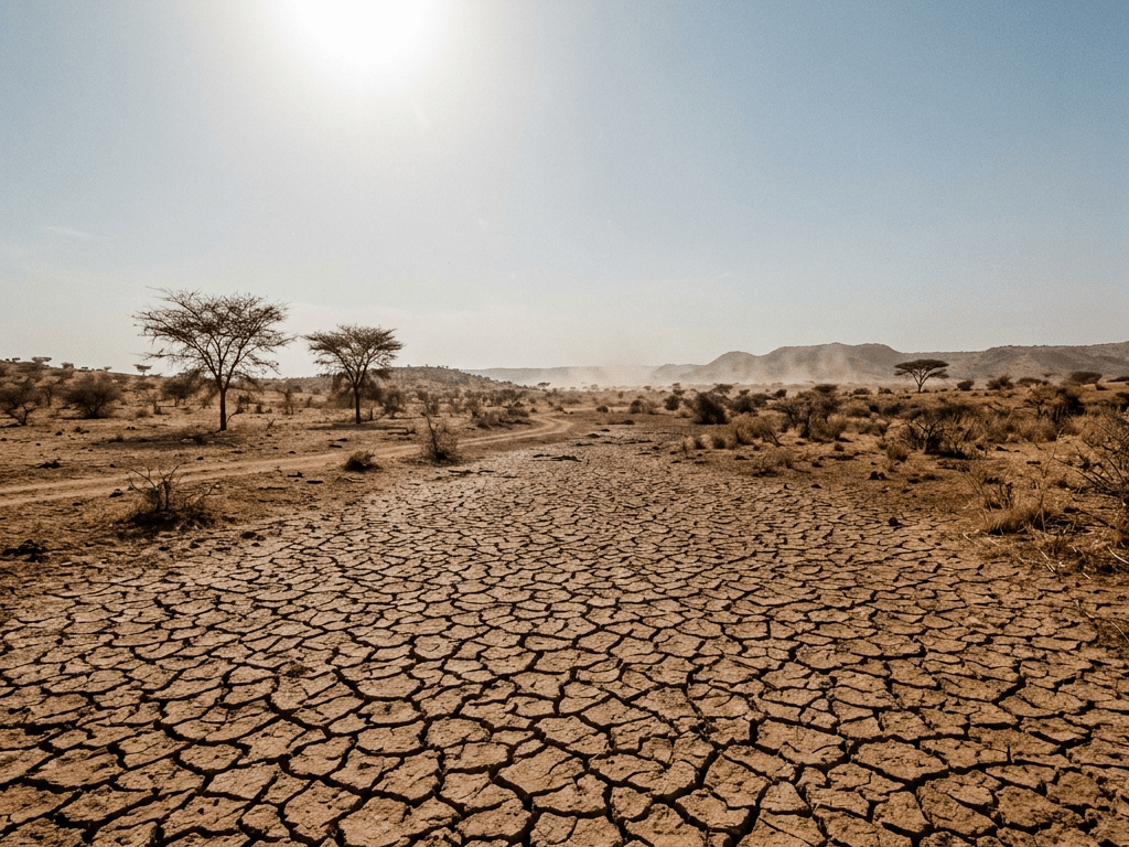 Cracked dry soil extending into a desert landscape with scattered trees under bright sun