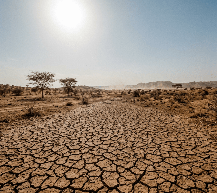 Cracked dry soil extending into a desert landscape with scattered trees under bright sun