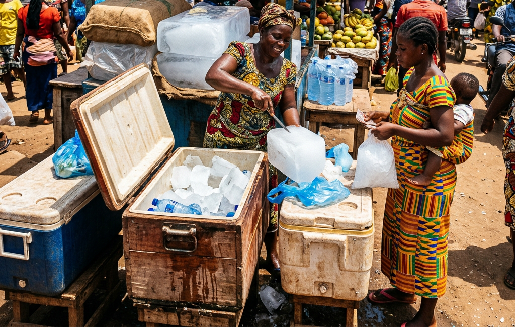 Vendor cutting large ice block for customer at outdoor market stall selling ice and pure water