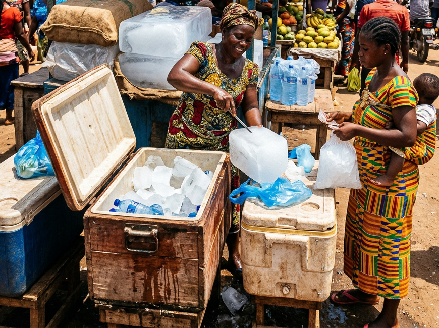 Vendor cutting large ice block for customer at outdoor market stall selling ice and pure water