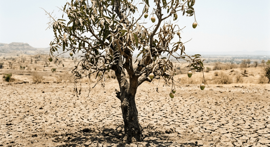 Mango tree with sparse leaves and fruit growing on cracked dry ground in an arid landscape