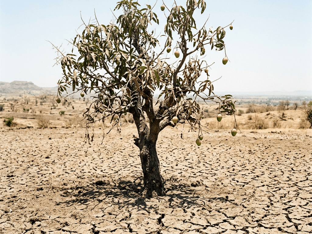 Mango tree with sparse leaves and fruit growing on cracked dry ground in an arid landscape