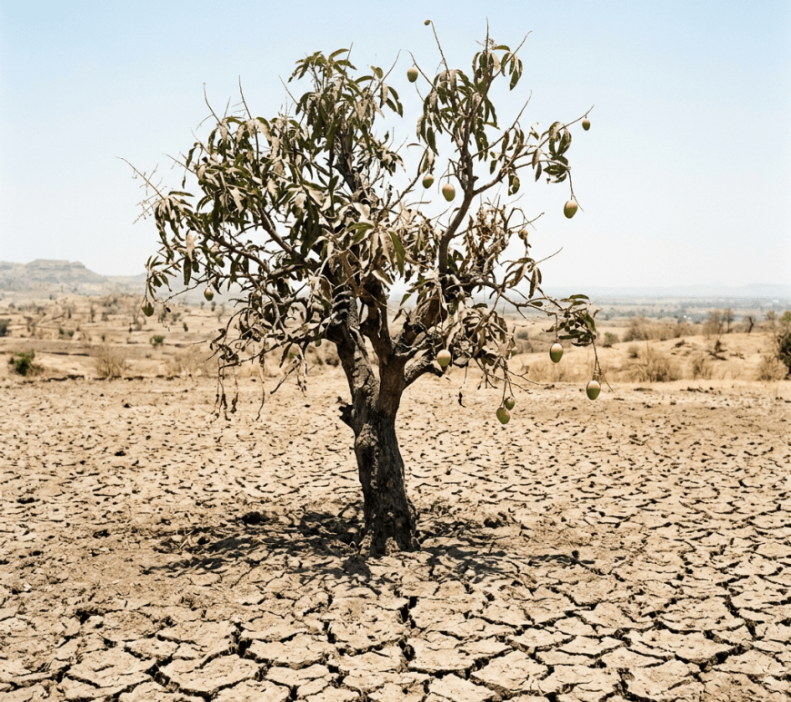 Mango tree with sparse leaves and fruit growing on cracked dry ground in an arid landscape
