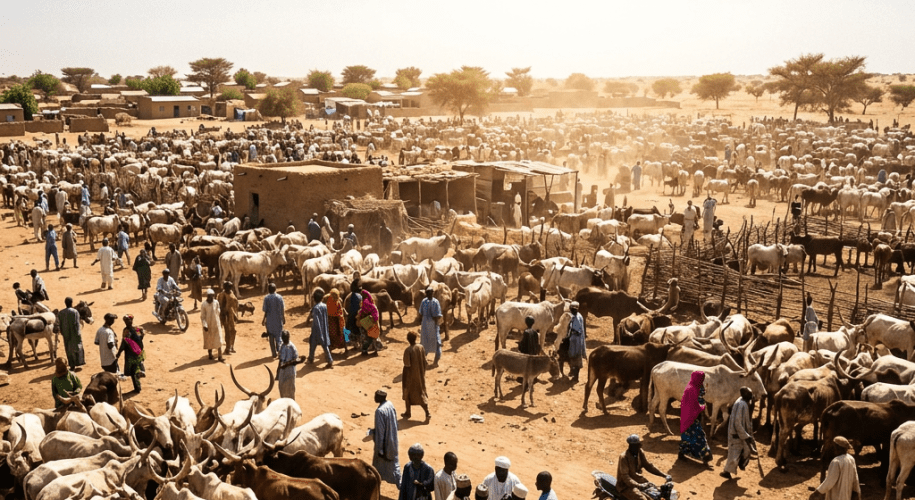 Crowded livestock market with people and many cattle in a dry, sunny setting