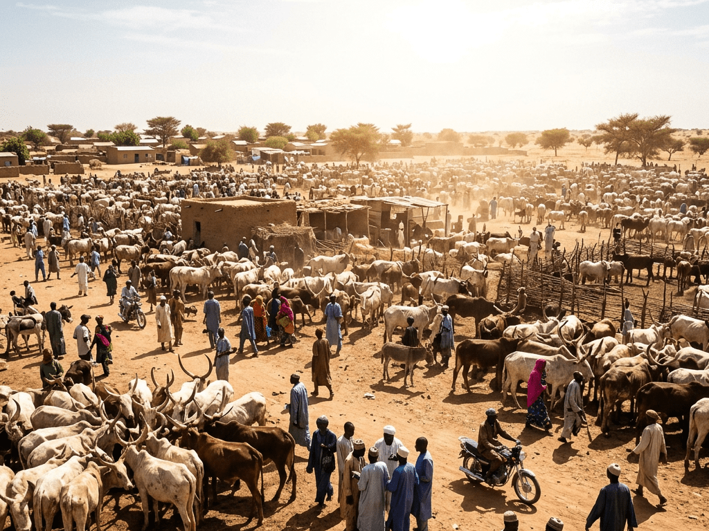 Crowded livestock market with people and many cattle in a dry, sunny setting