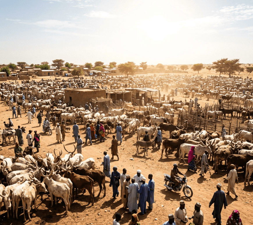 Crowded livestock market with people and many cattle in a dry, sunny setting