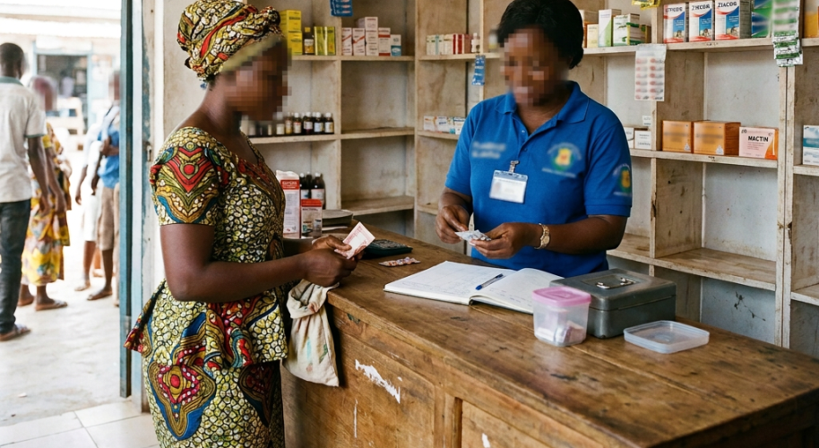 Pharmacist assisting a customer at Al-Barka pharmacy counter