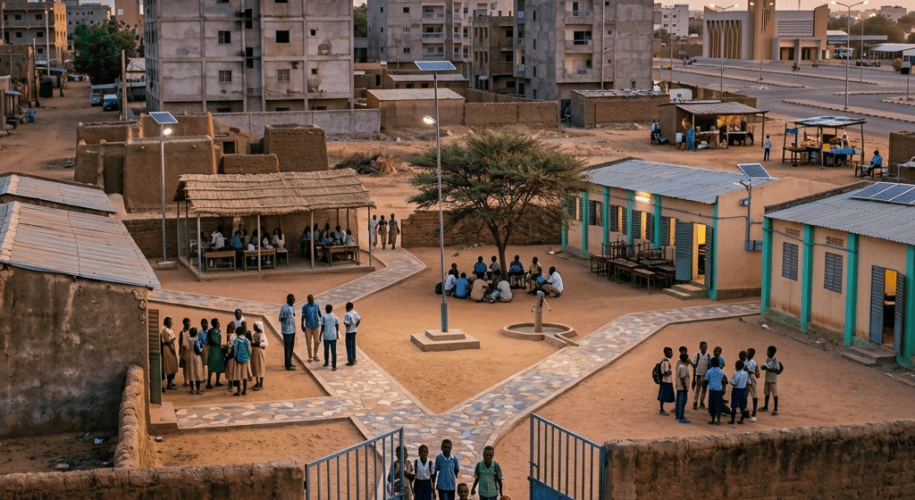 Mud-brick village homes surrounding a sandy courtyard at sunset