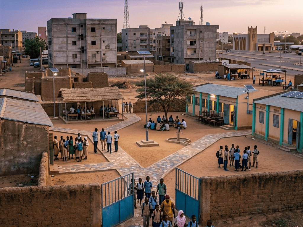 Mud-brick village homes surrounding a sandy courtyard at sunset