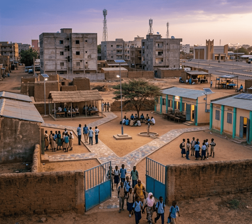 Mud-brick village homes surrounding a sandy courtyard at sunset