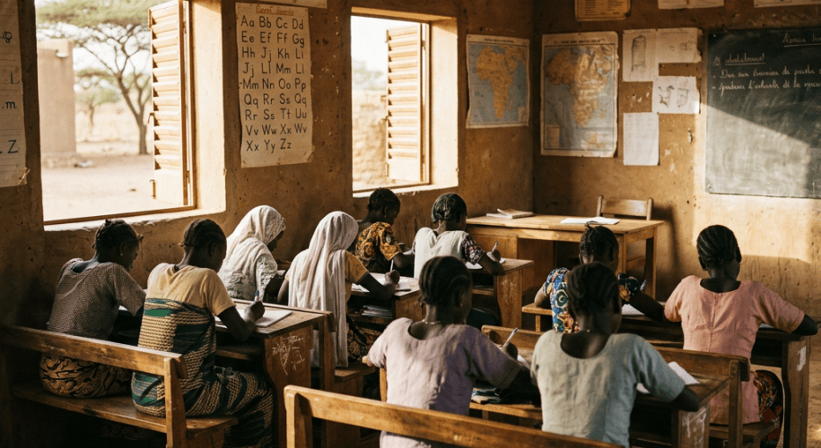 Students writing at wooden desks in a rural classroom with maps and alphabet charts