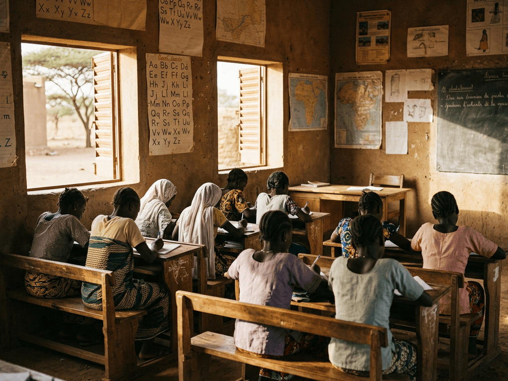 Students writing at wooden desks in a rural classroom with maps and alphabet charts