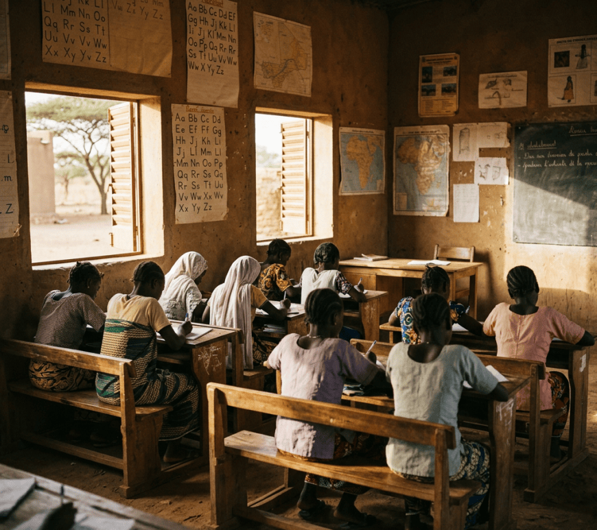 Students writing at wooden desks in a rural classroom with maps and alphabet charts