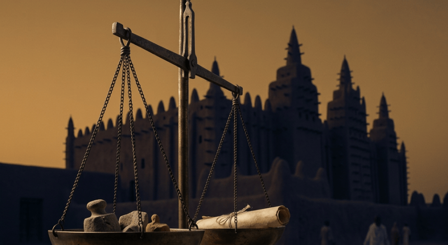 Balance scale holding stones and a scroll before a desert fortress