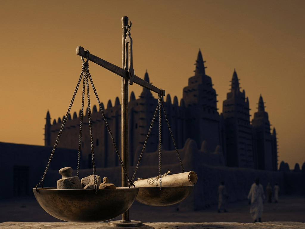 Balance scale holding stones and a scroll before a desert fortress