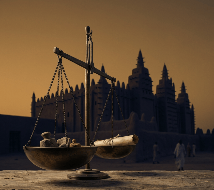 Balance scale holding stones and a scroll before a desert fortress