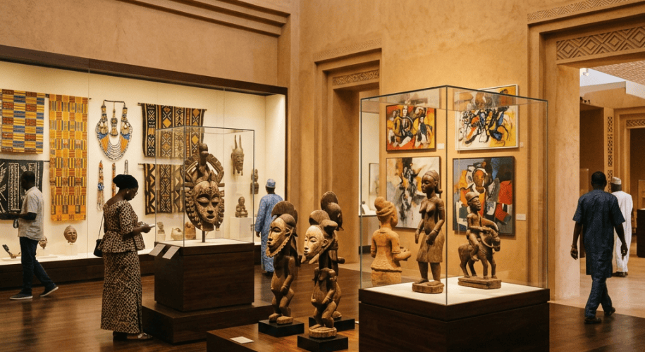 Museum gallery displaying West African textiles, masks, sculptures, and paintings