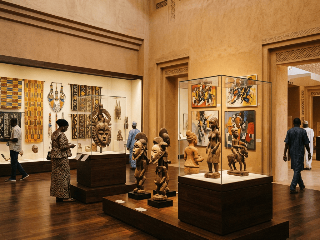 Museum gallery displaying West African textiles, masks, sculptures, and paintings