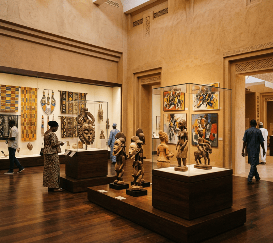 Museum gallery displaying West African textiles, masks, sculptures, and paintings